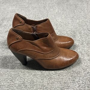 Miz Mooz Shoes Womens 7.5 Ankle Boots Booties Brown Leather Cone Heel Side Zip